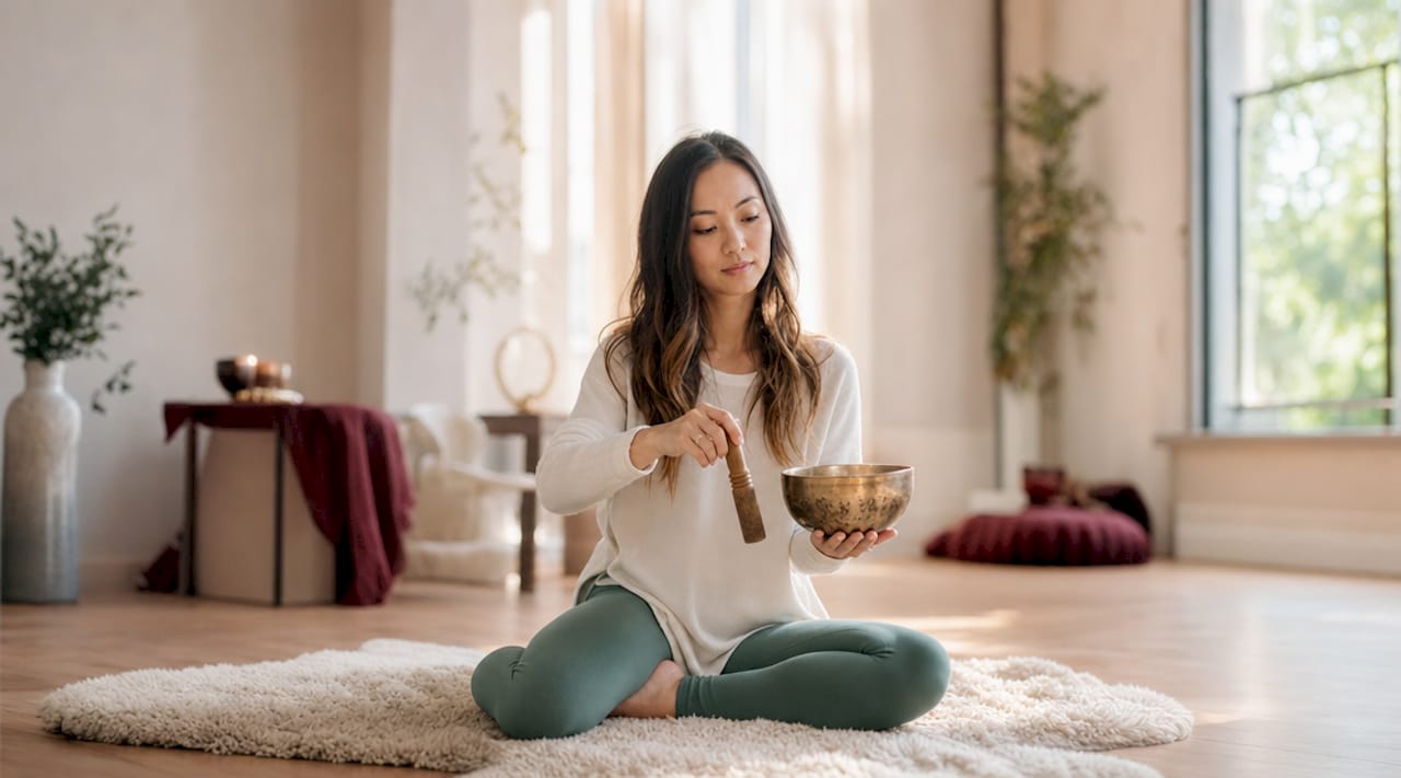 Woman practicing sound meditation with singing bowl