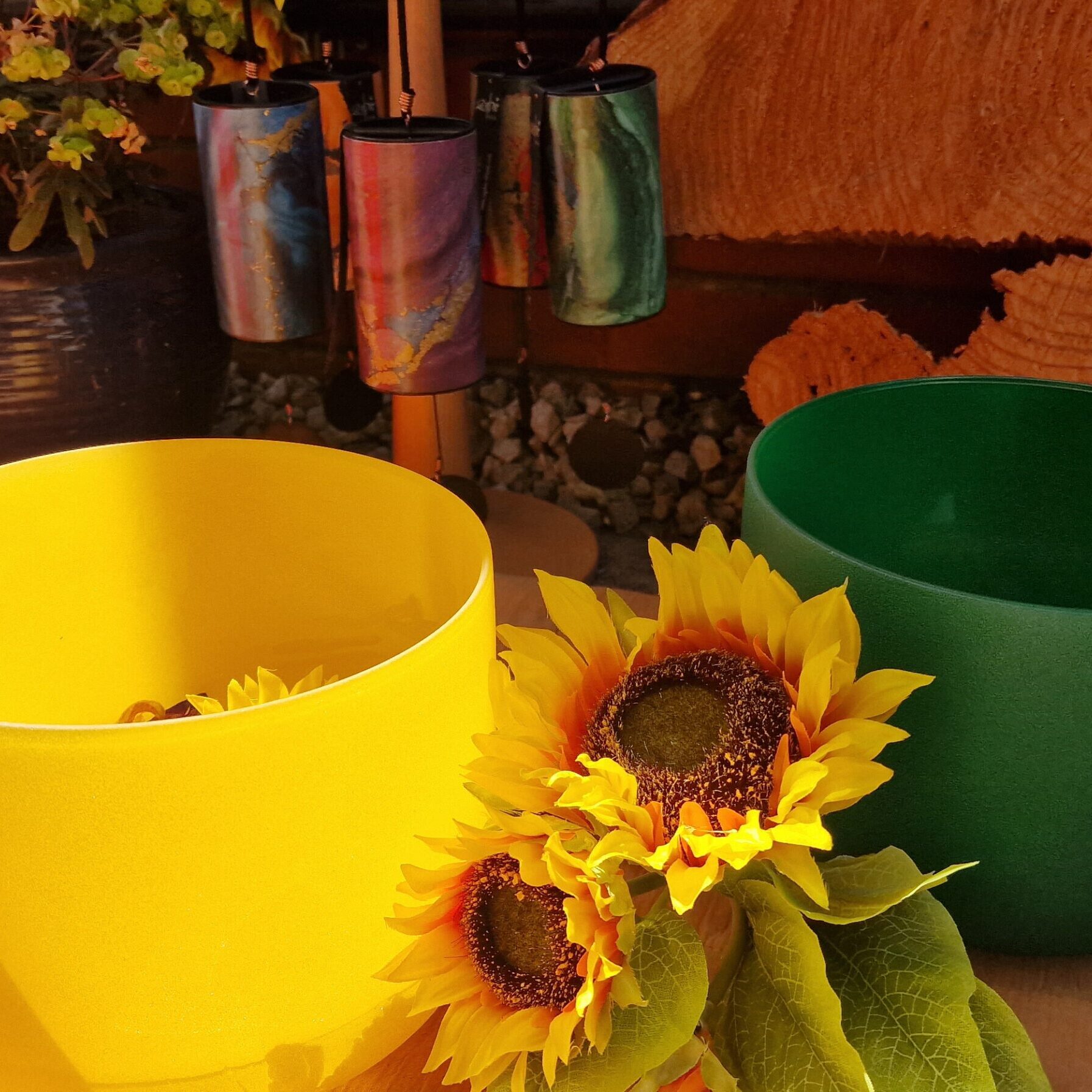 Yellow and green bowls with sunflowers.